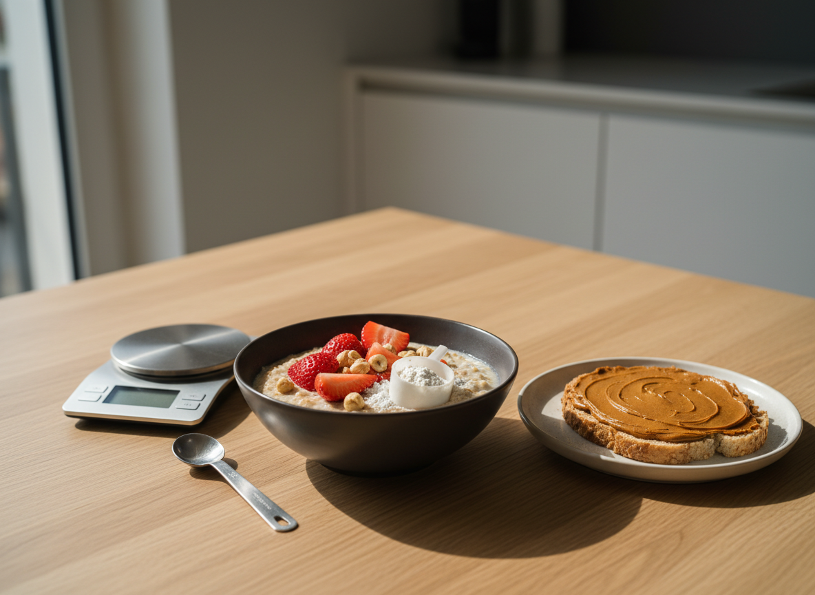 A meticulously arranged high-protein Belgian breakfast spread on a light oak table: a deep bowl of creamy oatmeal topped with sliced Belgian strawberries, toasted hazelnuts, and a measured scoop of whey powder, next to a small plate with a crisp wholegrain tartine spread with smooth speculoos protein spread. A digital kitchen scale and a stainless steel measuring spoon rest nearby, subtly emphasizing portion control. Soft morning daylight from a nearby window creates natural highlights on the fruit and gentle shadows under the dishes. Shot at a slightly elevated, three-quarter angle with shallow depth of field, the background fades into a blurred, modern kitchen. The photographic realism and clean composition convey a professional, evidence-based fitness nutrition mood, calm and focused.